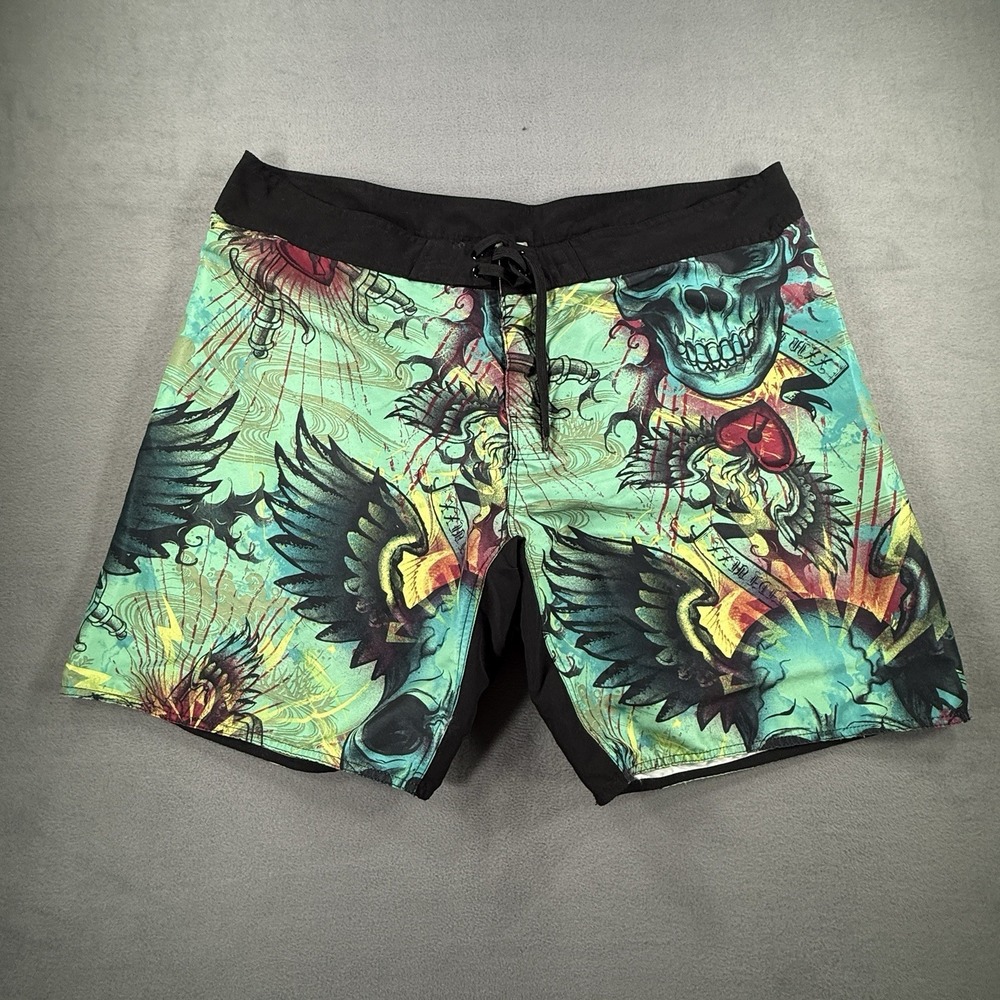 Joe Boxer Board Shorts Mens 2XL Green Skull Wings Tattoo Graphic Surf Swim Y2K